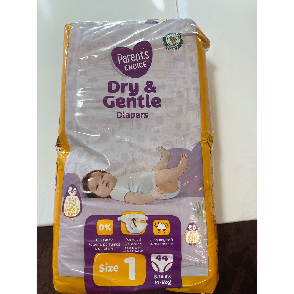 Parents Choice Dry Gentle Diapers Size 1 44 Count 8‎ 14 lbs Latex Free